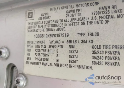 1997 Chevrolet S-10 Ls Fleetside из США, поврежденный, VIN 1GCCS19X6VK187219